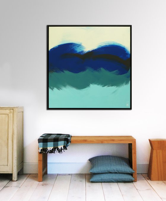 Incl Frame - Abstract Square Painting - The Wave in Blue - 85x85cm - Ronald Hunter - 22J