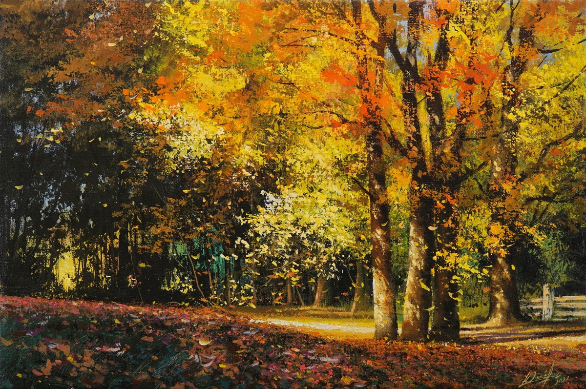 Photorealistic Landscape Acrylic Painting By Viktar Yushkevich Yuvart, 24 X 16", Autumn Colours, Original Artwork