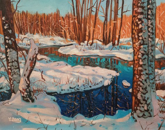 Snowy stream winter landscape