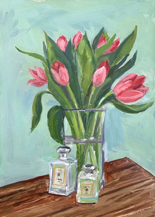 Pink tulips in glass vase by Toni Swiffen