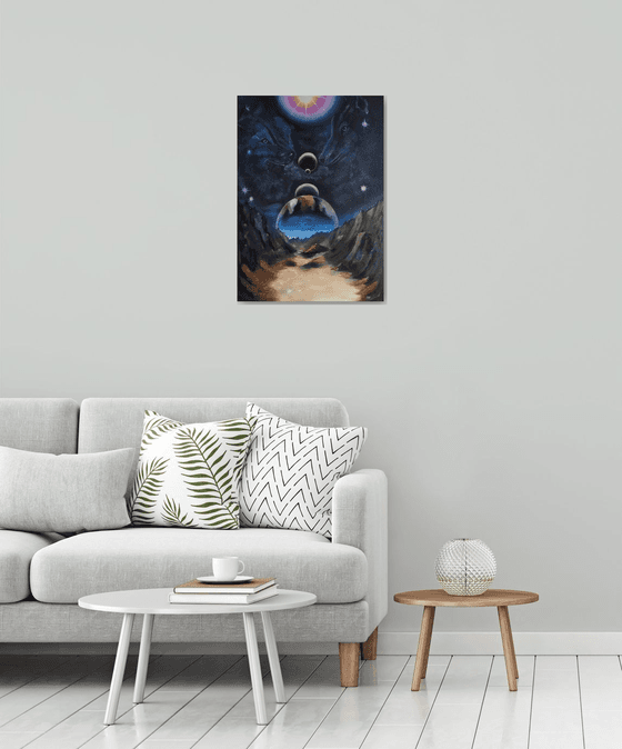 Two of us, original surreal wolf, planets oil painting, gift idea, bedroom painting