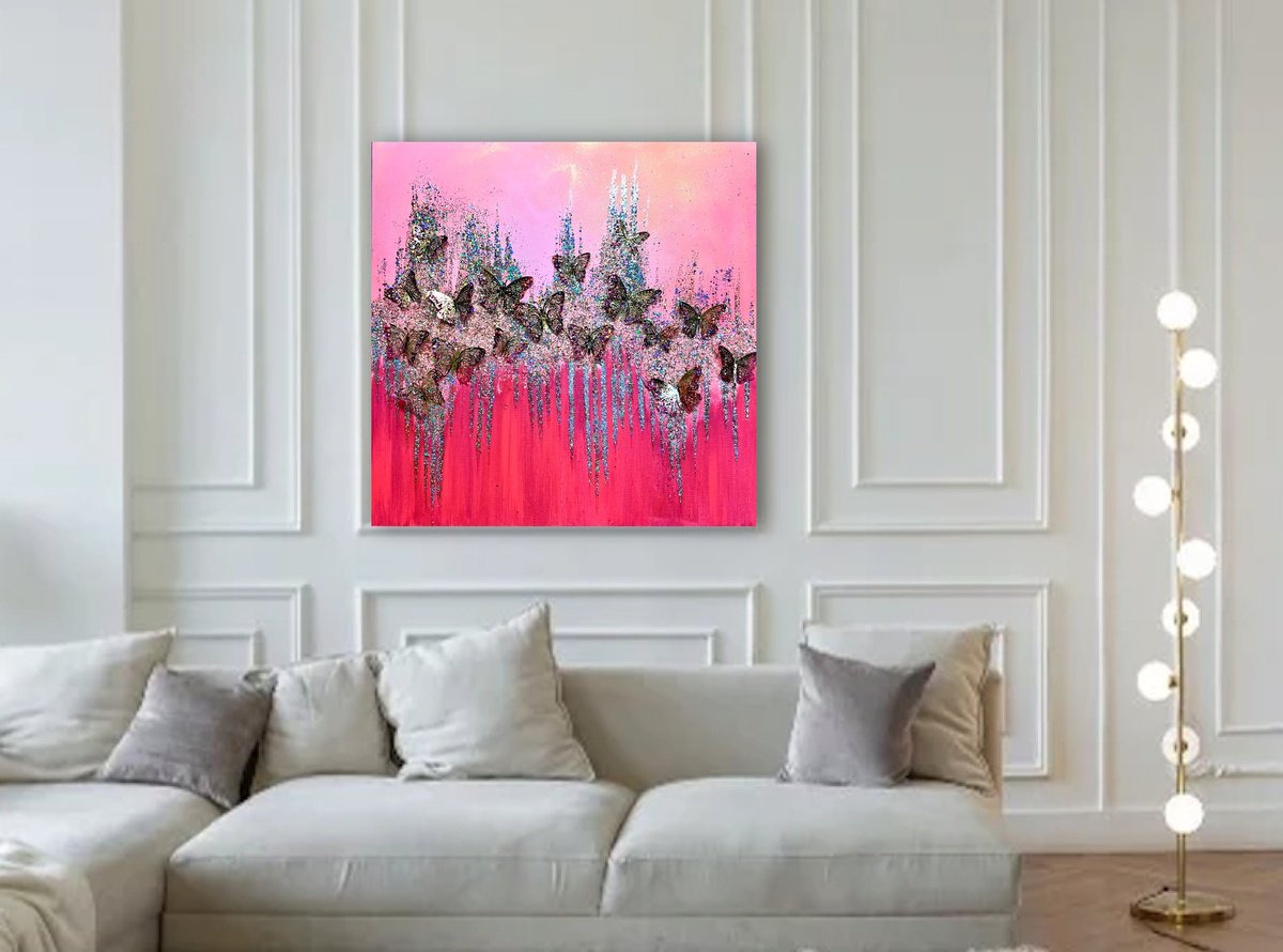 Abstract Painting By Henrieta Angel, 30 X 30, Pink Butterfly Garden, Original Artwork