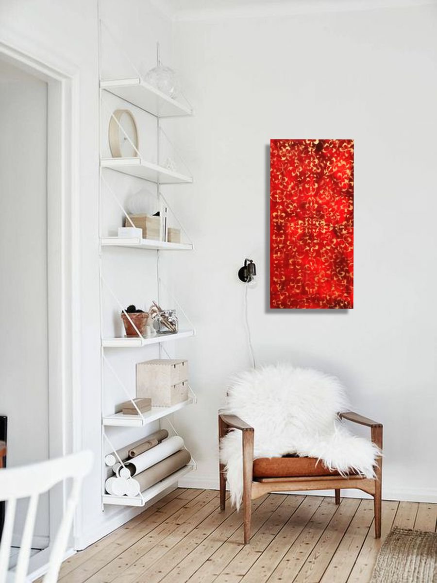 Organic Abstract Oil Painting By Daniela Roughsedge, 10 X 20, Arabesque In Red & Gold, Original Artwork