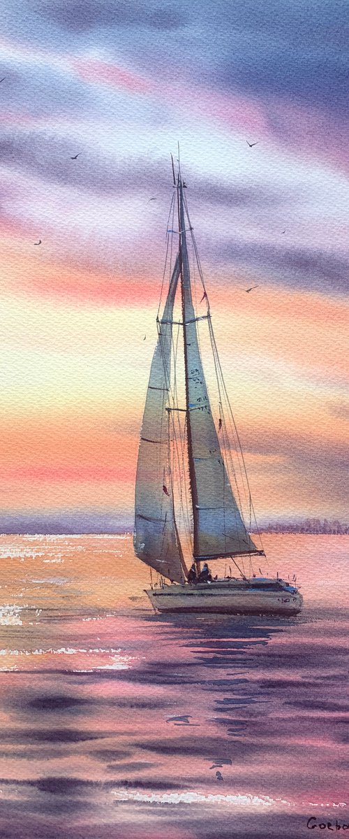Yacht at sunset by Eugenia Gorbacheva