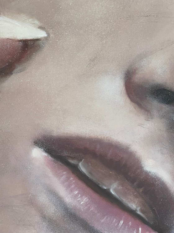 close up female portrait blonde woman staring lips portraiture oil on canvas painting