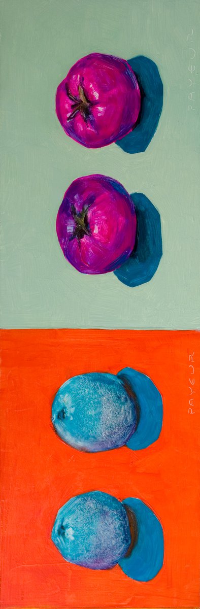 gift for food lovers: modern dyptic, still life of psychedelic tomatos and orange by Olivier Payeur