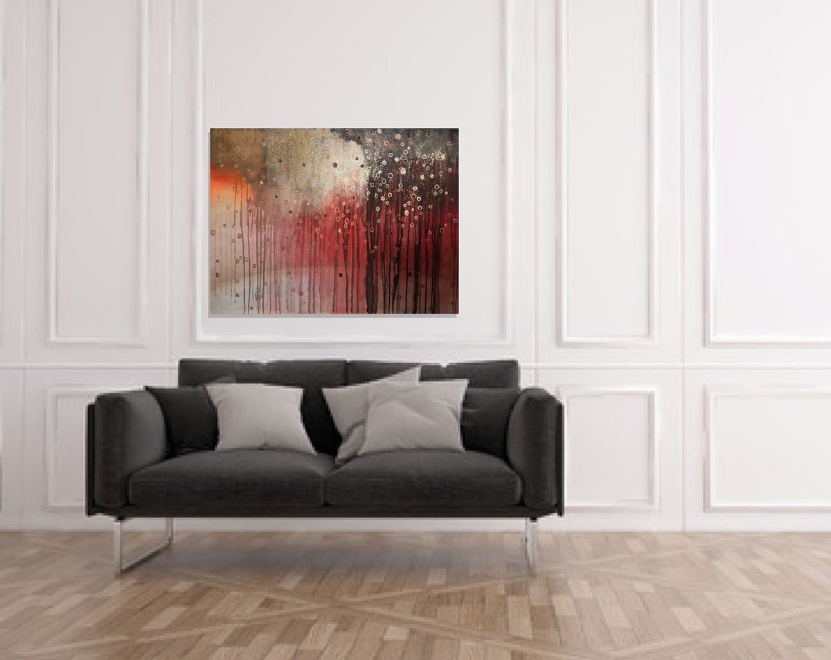 Abstract Landscape Painting By Henrieta Angel, 48 X 36, Meteor Sunset, Original Artwork