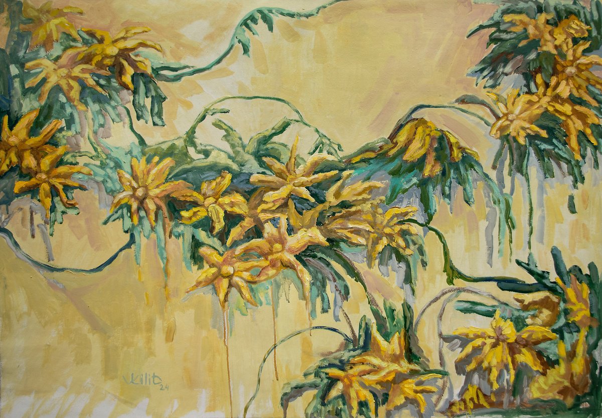 Impressionistic Botanical Oil Painting By Lilit Vardanyan, 34 X 24", Golden Bloom Cascade, Original Artwork