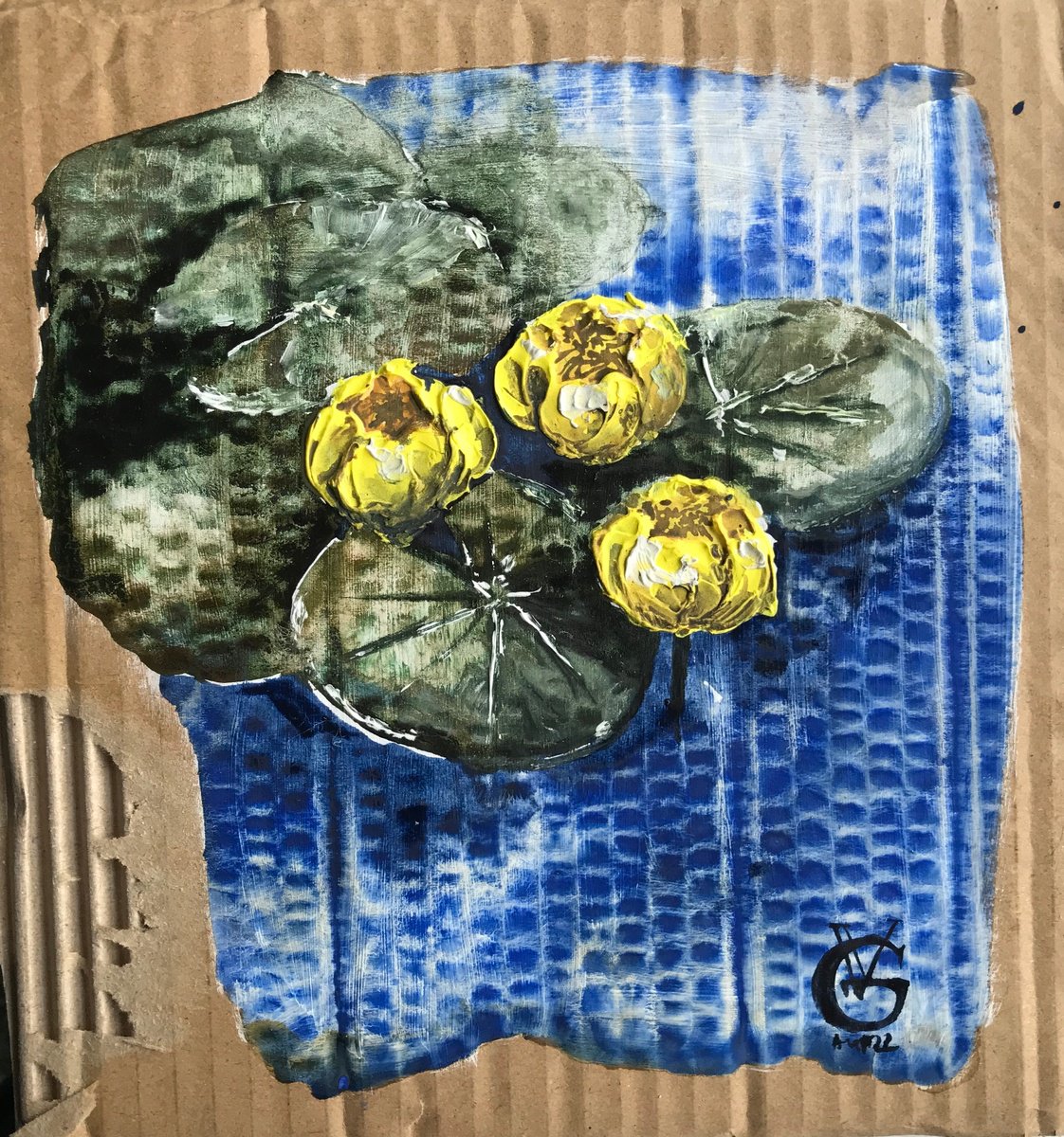 Impressionistic Botanical Painting By Valeria Golovenkina, 9 X 9", Water Lilies In Yellow 2, Original Artwork