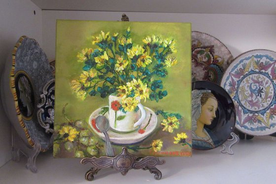 Crysanthemums Floral Impressionism Kitchen Art Household with Coffeecup Spoon Green Yellow Grapes Modern Still Life / Small Oil Painting 8x8in (20x20cm) Restaurant