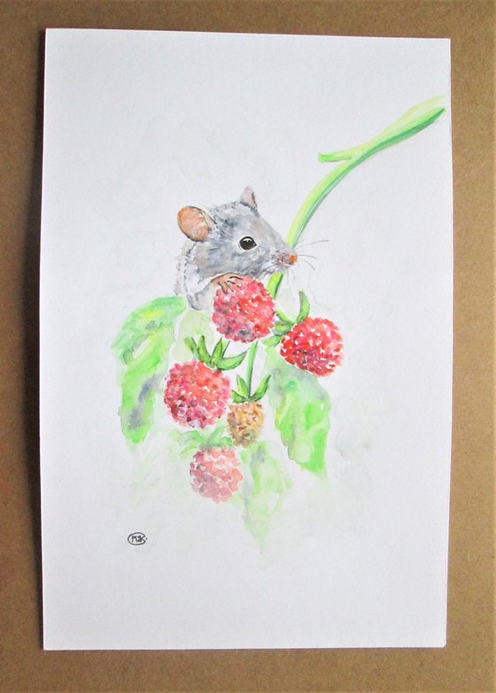 Little cute field mouse on a raspberry cane