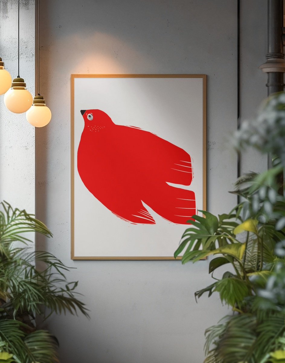 BIRDS IN PILLAR BOX RED by Emma Evans-Freke