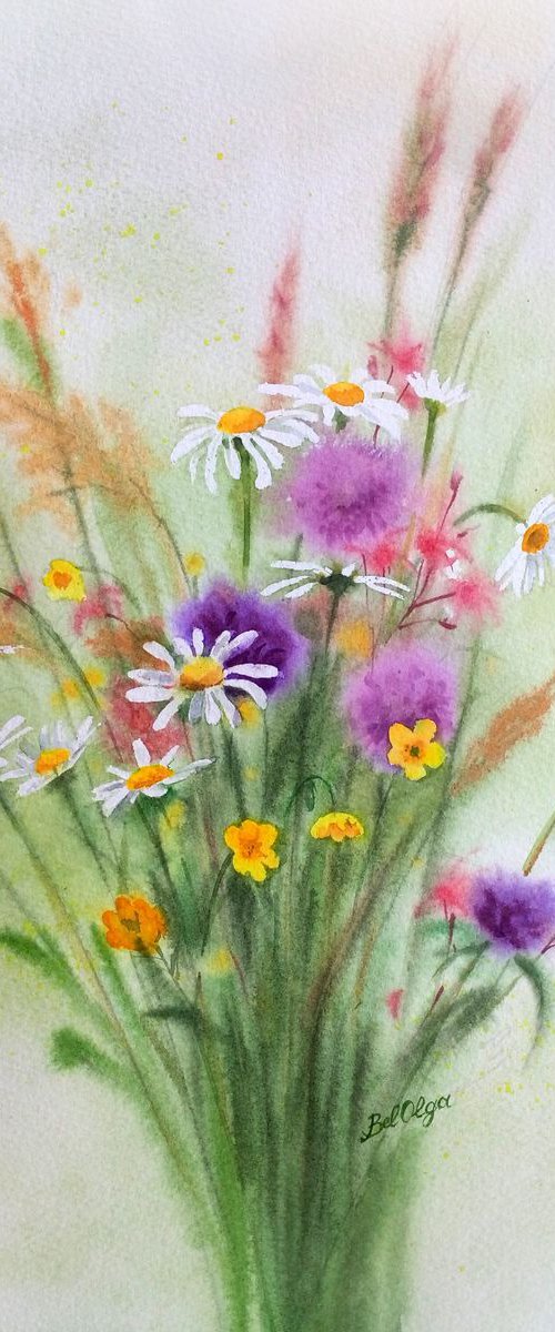 Wildflowers - bouquet of wildf by Olga Beliaeva Watercolour