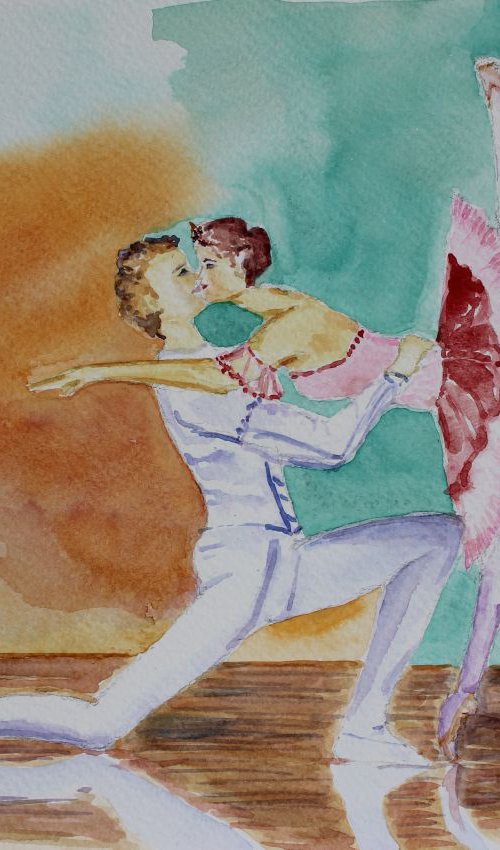 A Kiss In Ballet, romantic dance form, conceptual art, watercolor, gift by Geeta Yerra
