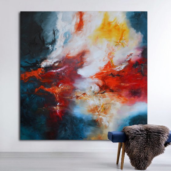 Solar flares II - 60"x60" square red and blue abstract painting