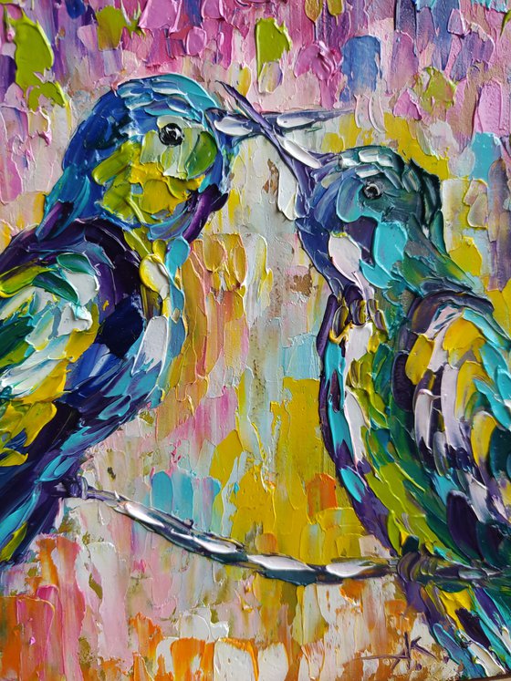 Colors around us -  oil painting, birds love, love, birds, animals oil painting, art bird, impressionism, palette knife, gift.