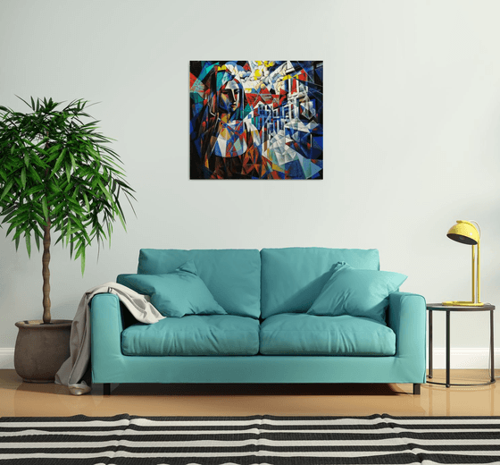 Waiting (90x80cm, cubism, oil painting, ready to hang)