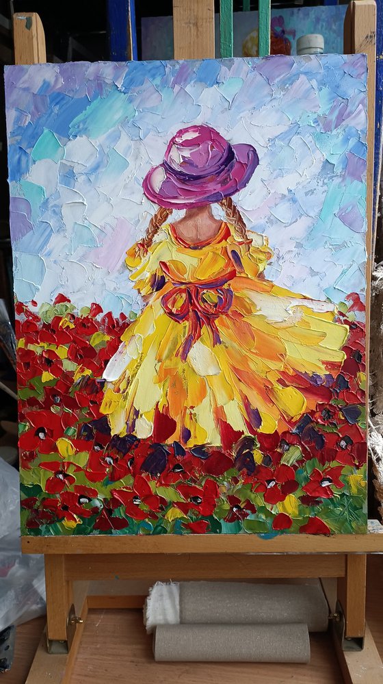 To meet the sun - oil painting, flowers, field of flowers, poppies flowers,  child, childhood, flowers and sky, girl, landscape, children