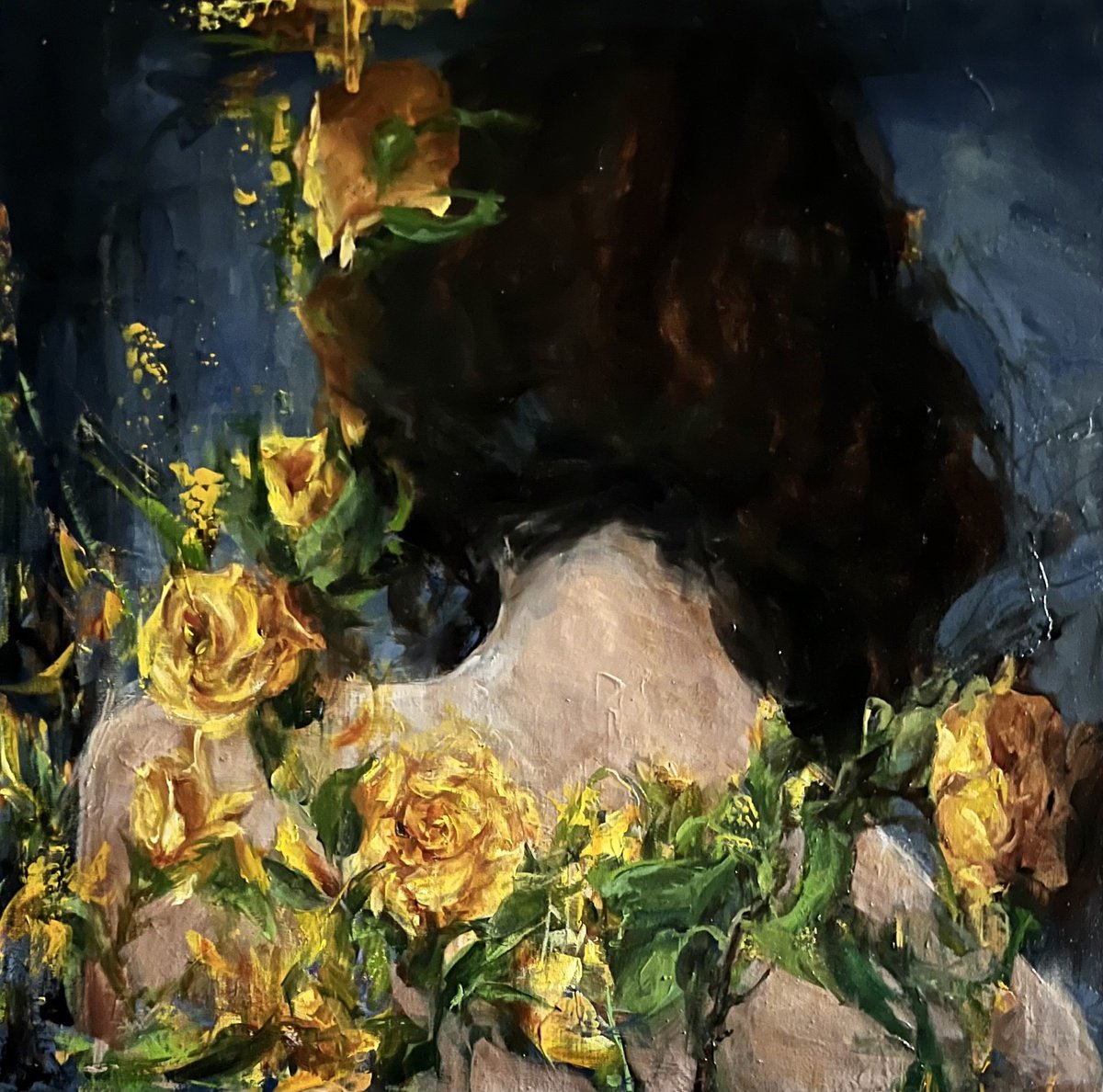Impressionistic Portrait Oil Painting By Elena Mashajeva-Agraphiotis, 20 X 20, Strenger And Yellow Roses, Original Artwork