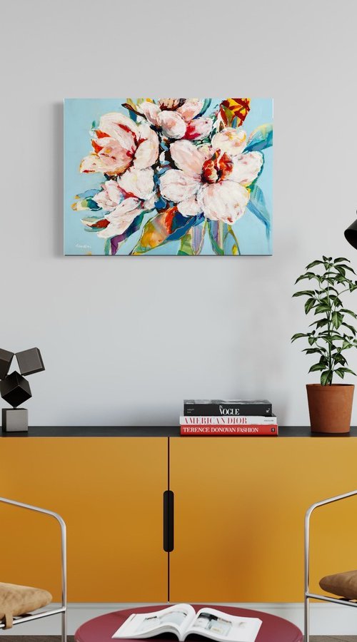 ESPRIT - 60 X 80 CM * ABSTRACT FLORAL PAINTING ON CANVAS * BLUE * YELLOW by Jani Vallentimi