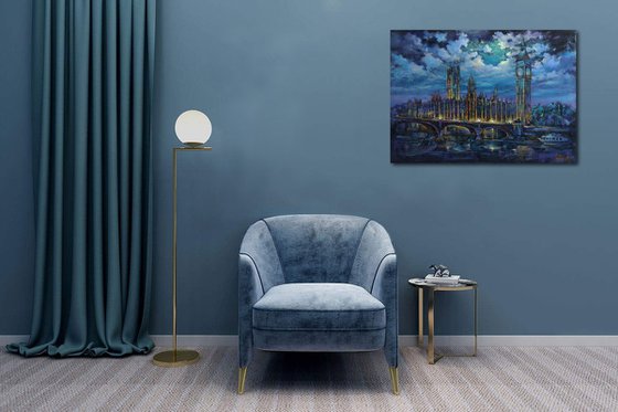 Moonlit Night - London, landscape original oil painting