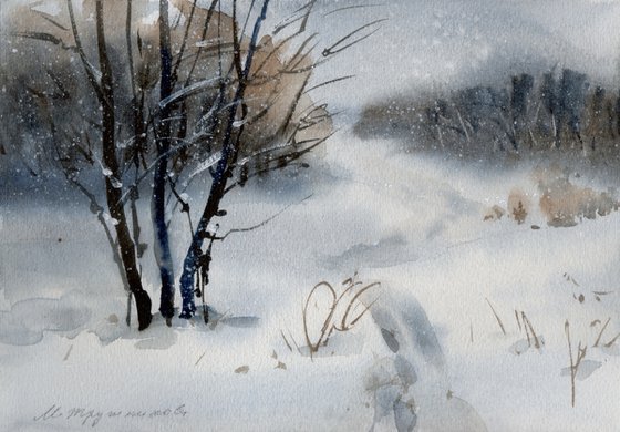Snowing. Winter landscape. Watercolour by Marina Trushnikova