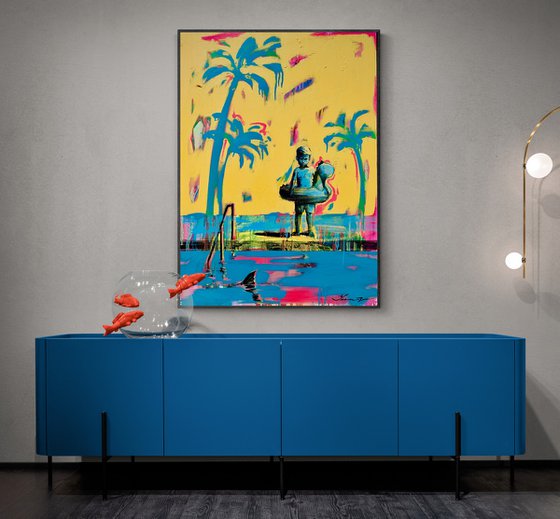 Bright summer painting - "Small swimmer and shark" - Pop Art - Pool - Palms - Landscape - California - Nature - Yellow&Blue