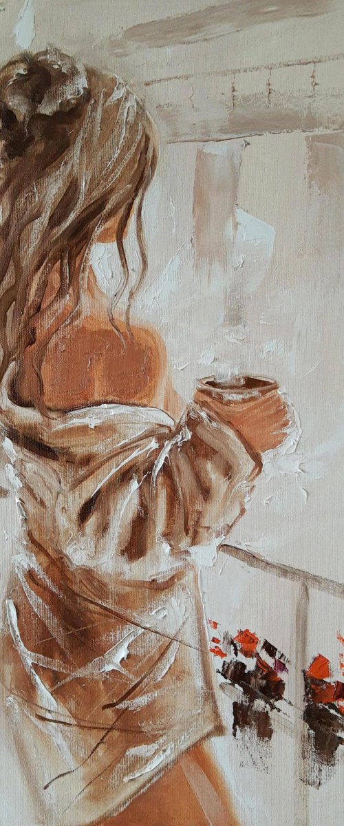 " AUTUMN MORNING ...  "  original painting window  palette knife GIFT brown by Monika Luniak