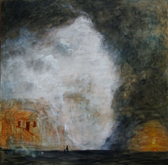 The Rock Houses, against a Turbulent Sky (Oil on canvas 39x39 inch)