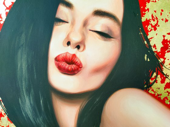 Painting "Happiness always shines". Mixed technique, oil, acrylic on canvas with potala.Kissing girl.Gold art painting