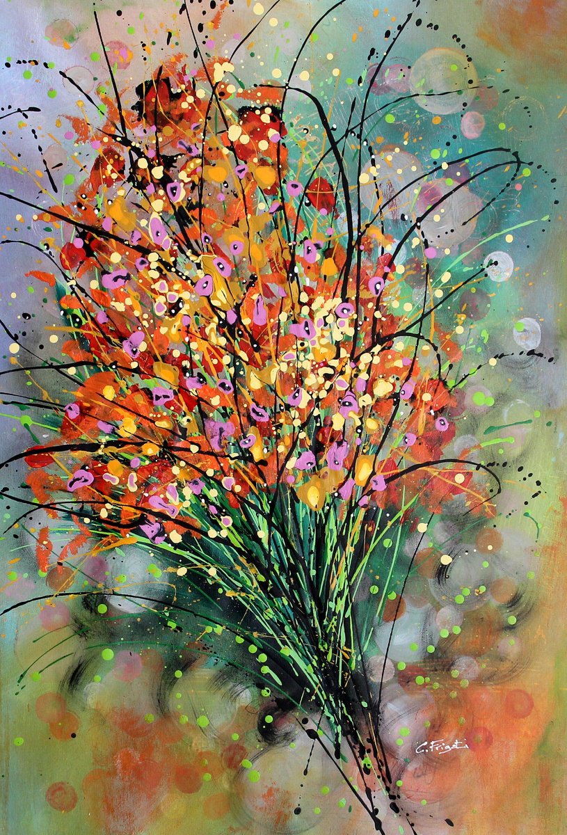 Expressive Botanical Acrylic Painting By Cecilia Frigati, 27 X 39, Regina Di Fiori #3, Original Artwork