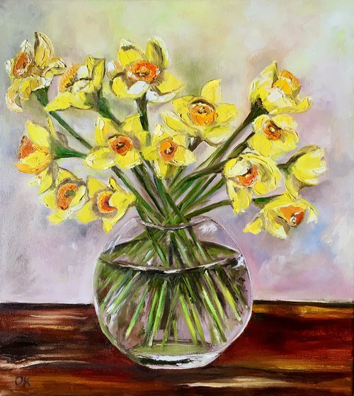 Bouquet of Daffodils #5 on wooden  table. by Olga Koval
