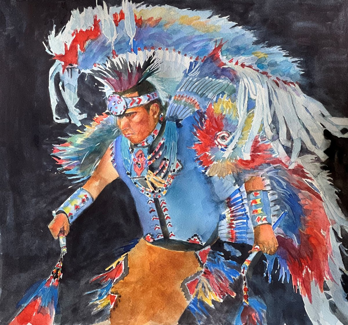 Impressionistic Portrait Watercolour By Bronwen Jones, 15 X 14, Wind Whisperer, Original Artwork