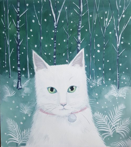 Snow cat in the forest by Mary Stubberfield
