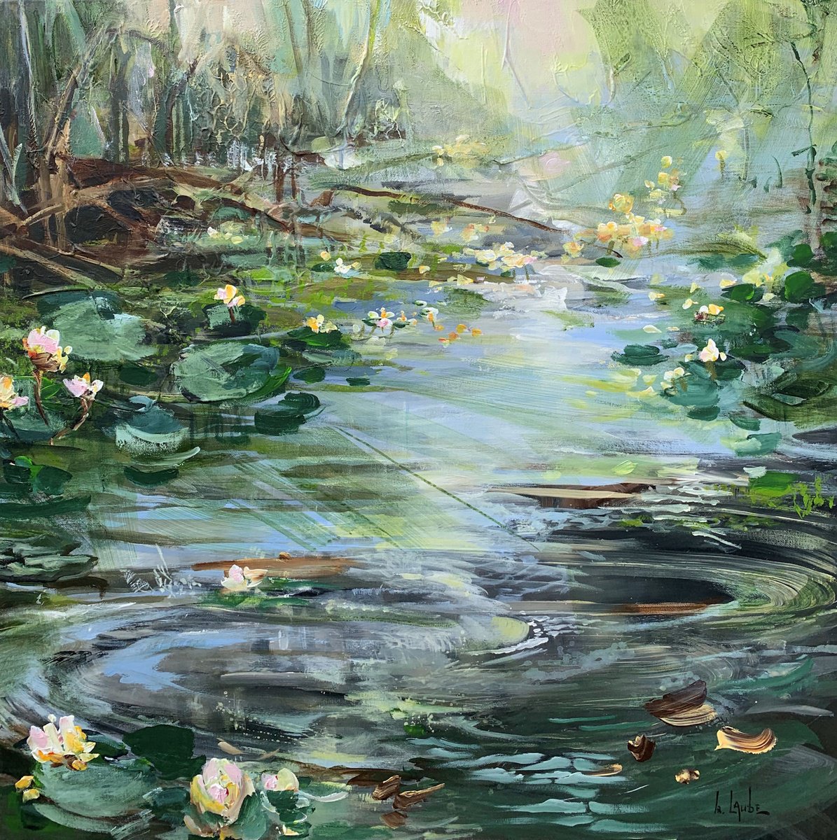 Impressionistic Botanical Acrylic Painting By Irina Laube, 31 X 31, Morning Light, Original Artwork