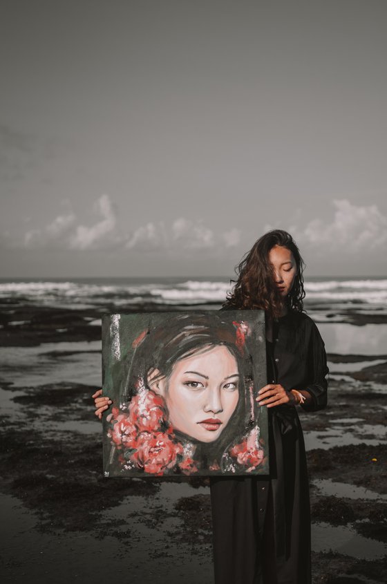 Korean woman with pink peonies