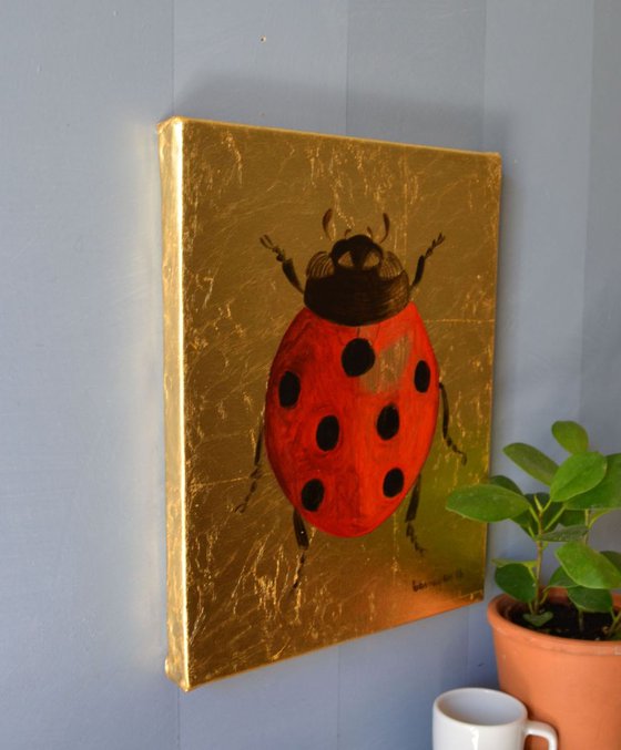My Little Golden Ladybug Oil Painting on Lacquered Golden Leaf