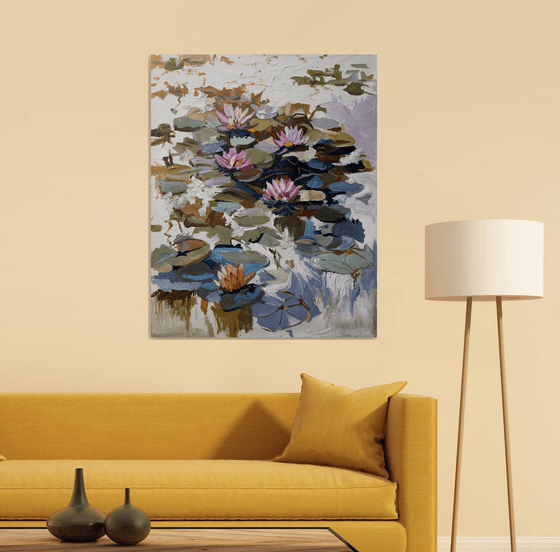 Summer Pond. Pink Water Lilies.