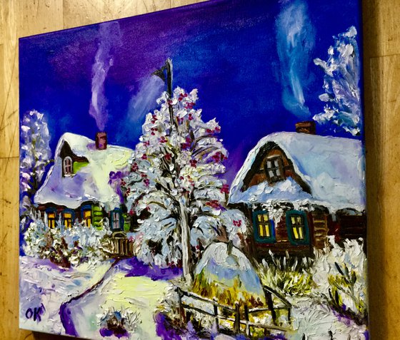 Winter evening, village landscape,  oil painting