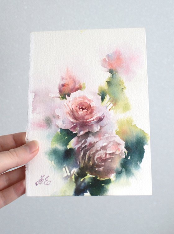 Pink roses, small watercolor Garden painting