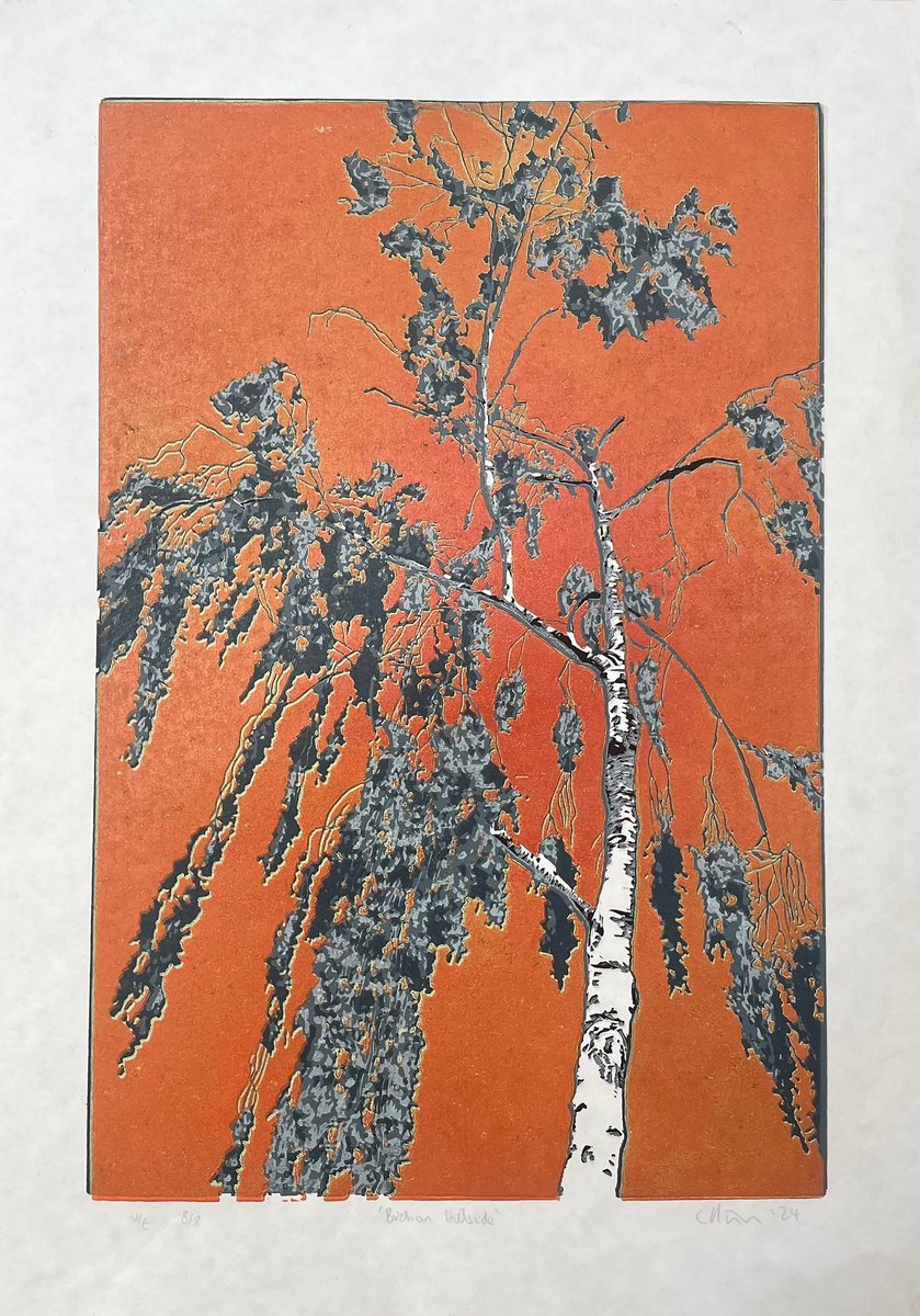 Impressionistic Landscape Linocut By C Staunton, 10 X 15, Birch Tree Linocut Print, Original Artwork