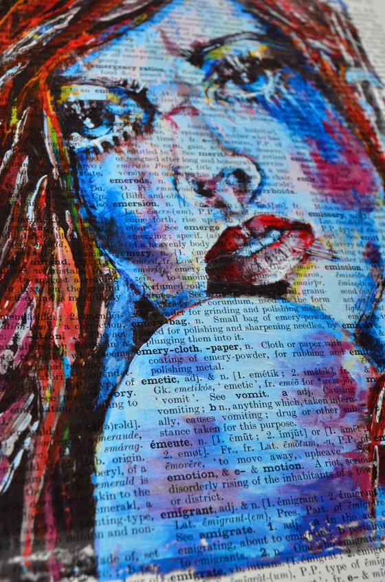 Blue Face 2 - Collage Art on Large Real English Dictionary Vintage Book Page