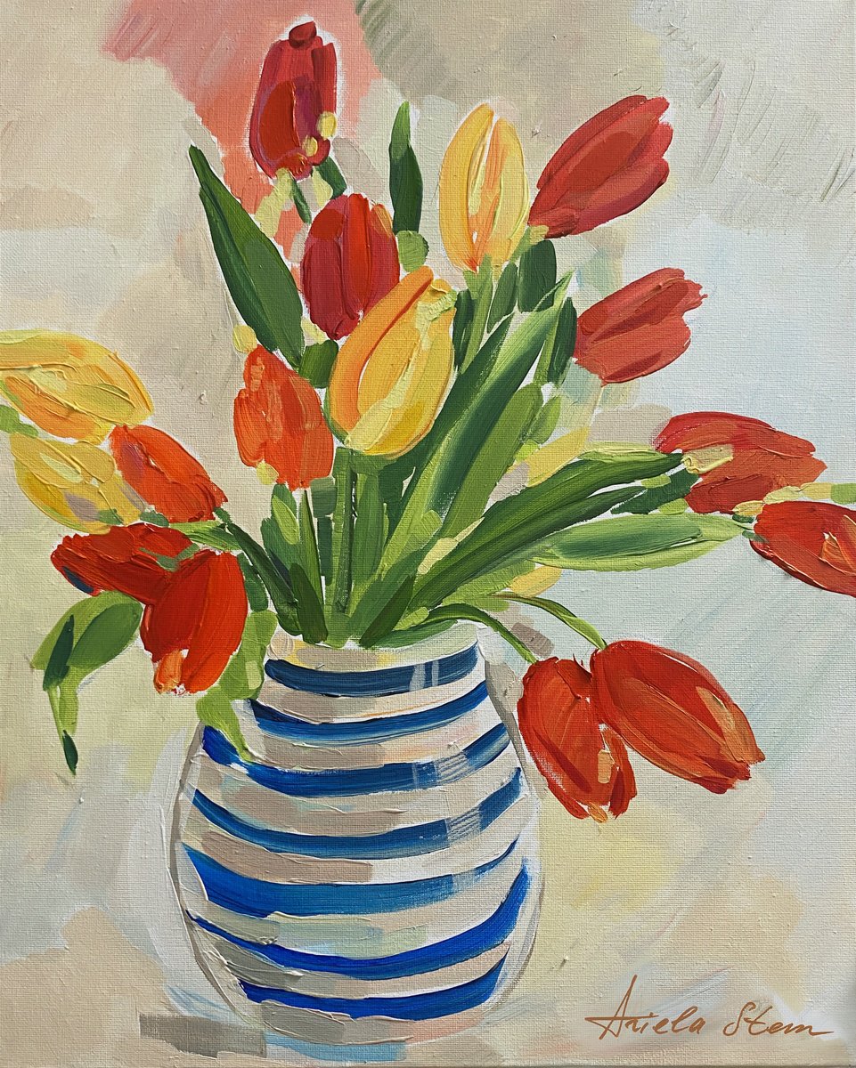 Impressionistic Painting , Striped Vase With Tulips By Ariela Stem, 16 X 20, Artwork For Sale On Artfinder
