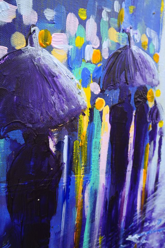 Rainy Streets - Rain Street Umbrellas Palette Knife Painting   Gift Home Decor