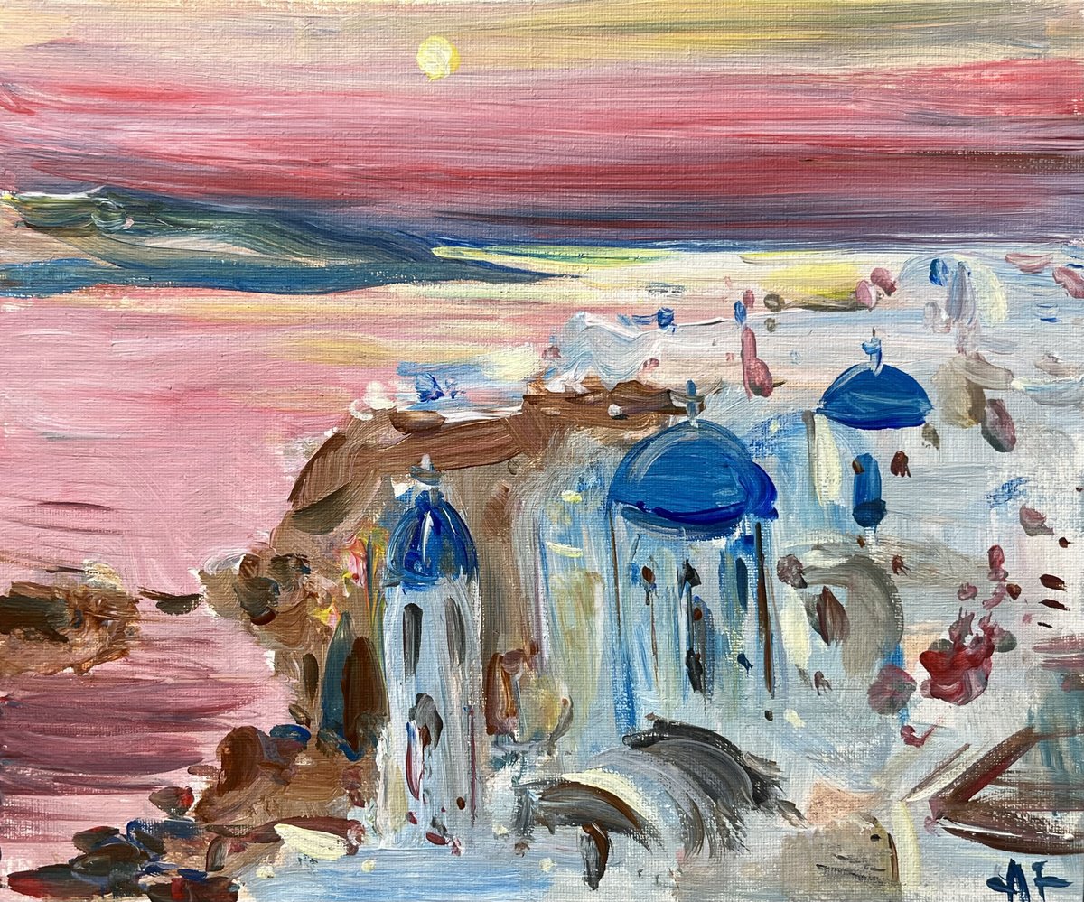 Impressionistic Landscape Acrylic Painting By Altin Furxhi, 12 X 10, Santorini Sunset Impressions, Original Artwork