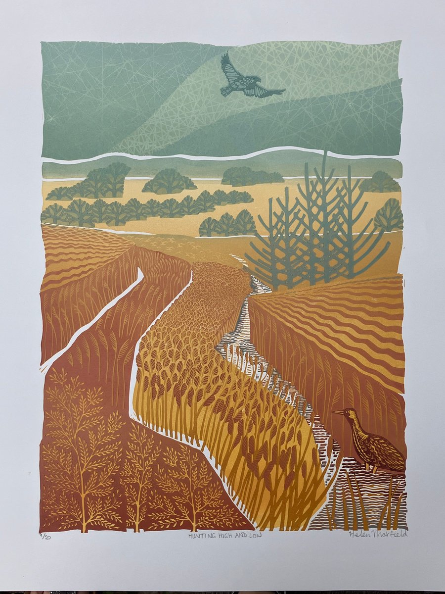 Impressionistic Landscape Linocut By Helen Maxfield, 15 X 20, Hunting High And Low, Original Artwork