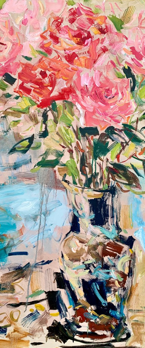 Summer roses in an old vase. by Lilia Orlova-Holmes