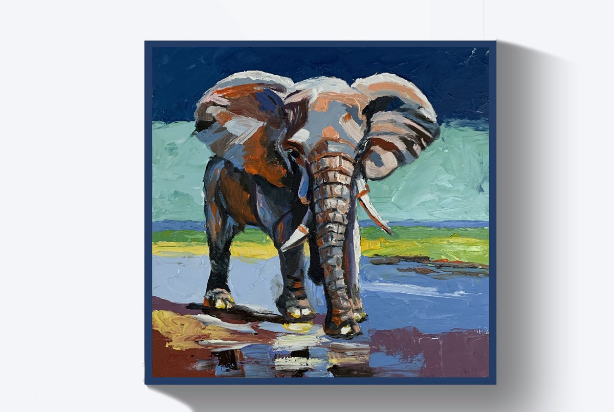 Impressionistic Animal Oil Painting By Vita Schagen, 10 X 10", Elephant., Original Artwork