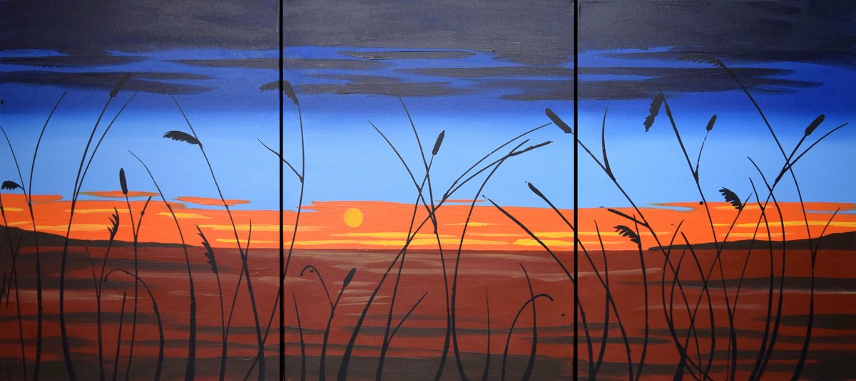 Impressionistic Landscape Acrylic Painting By Stuart Wright, 48 X 20", Sunset Lake, Original Artwork