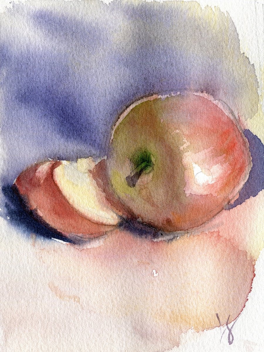 Impressionistic Still Life Watercolour By Svitlana Lagutina, 5 X 7", Serenity In An Apple, Original Artwork